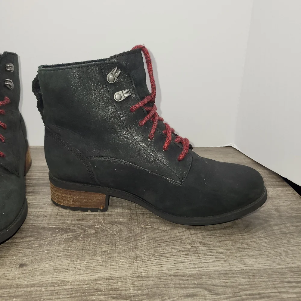 Women’s Black Suede Lace-Up Ankle Boots with Red Laces